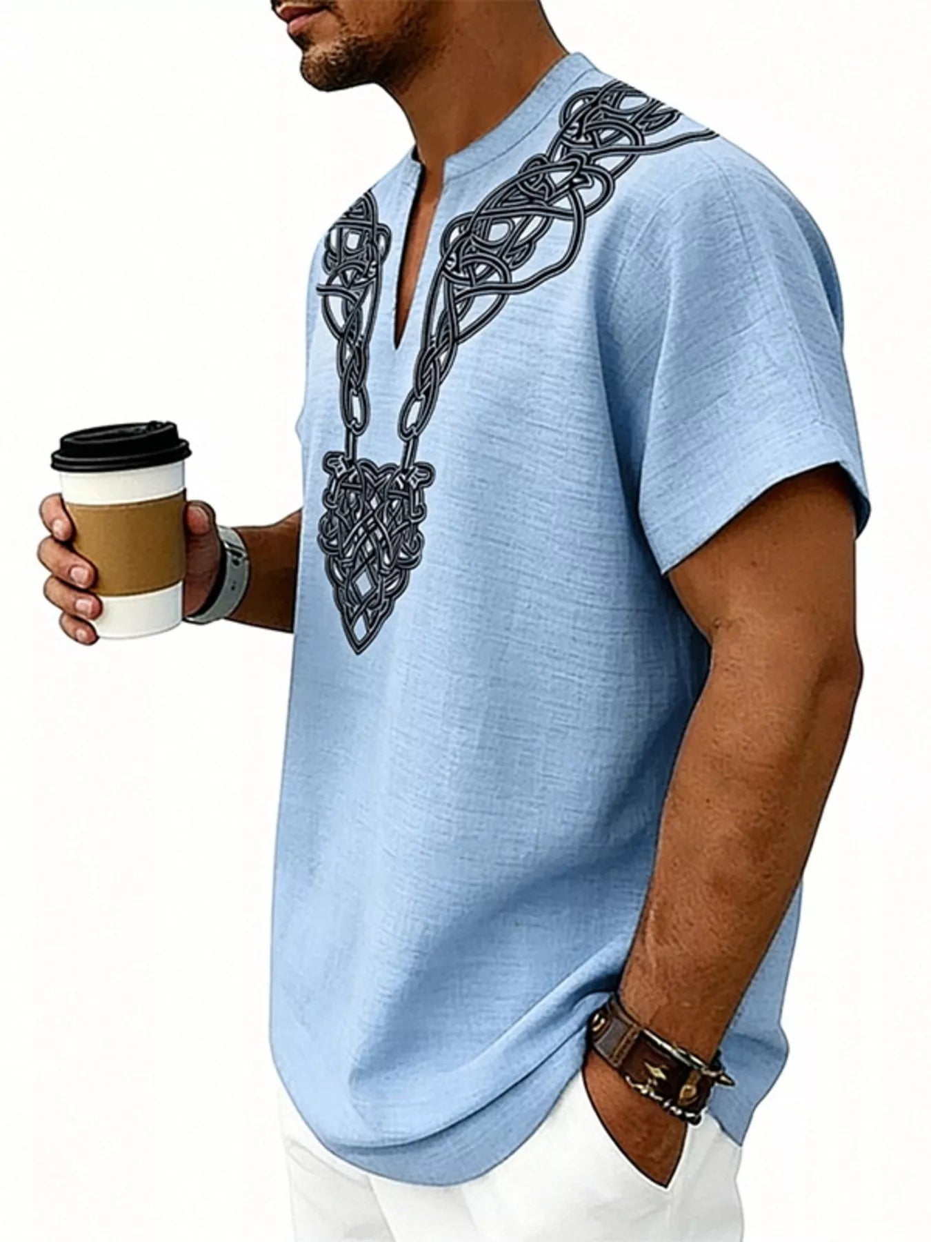 Men's Full Size Notched Printed Short Sleeve Blouse Plus Size