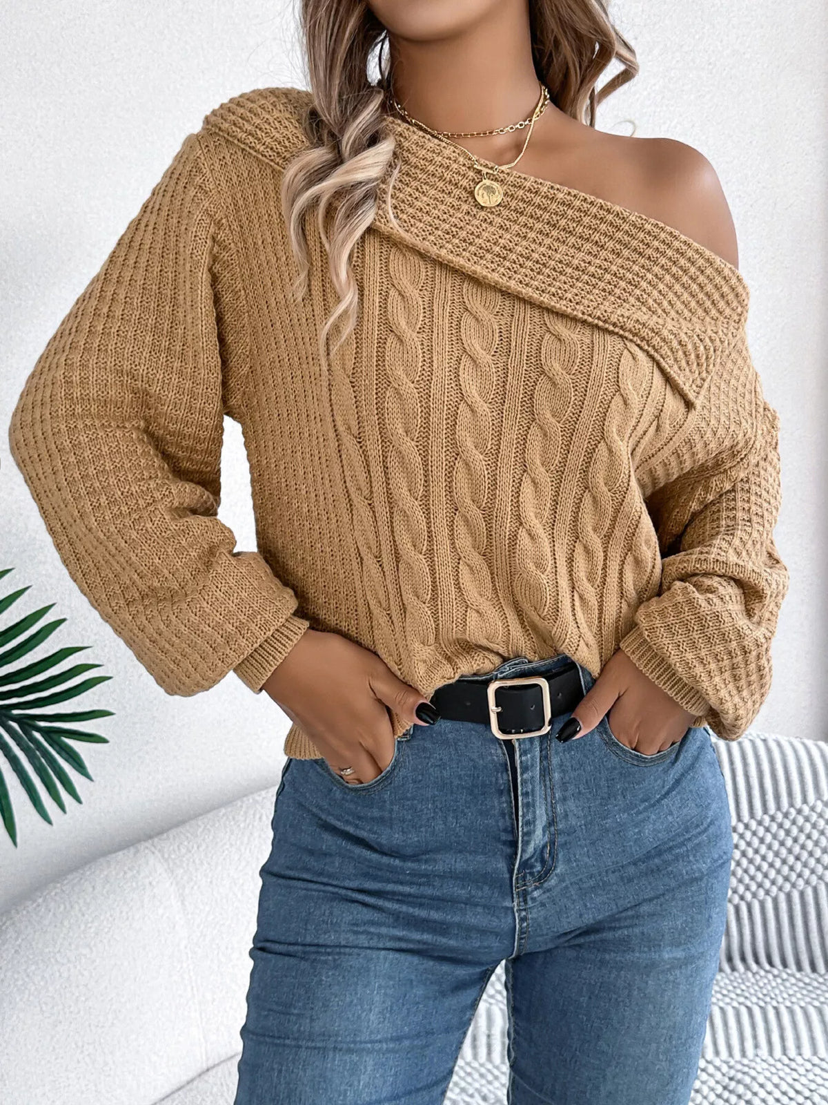 One-shoulder cable knit sweater, view 9