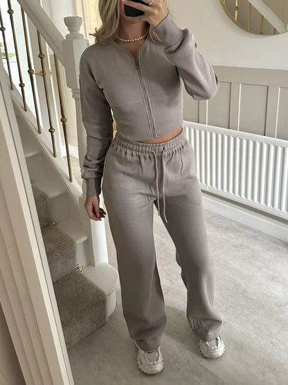 Zip-Up Crop Hoodie and High-Waisted Pants Set