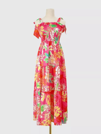Tropical Print Smocked Tie-Strap Dress
