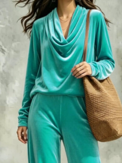 Plus size velvet cowl neck set, view 12