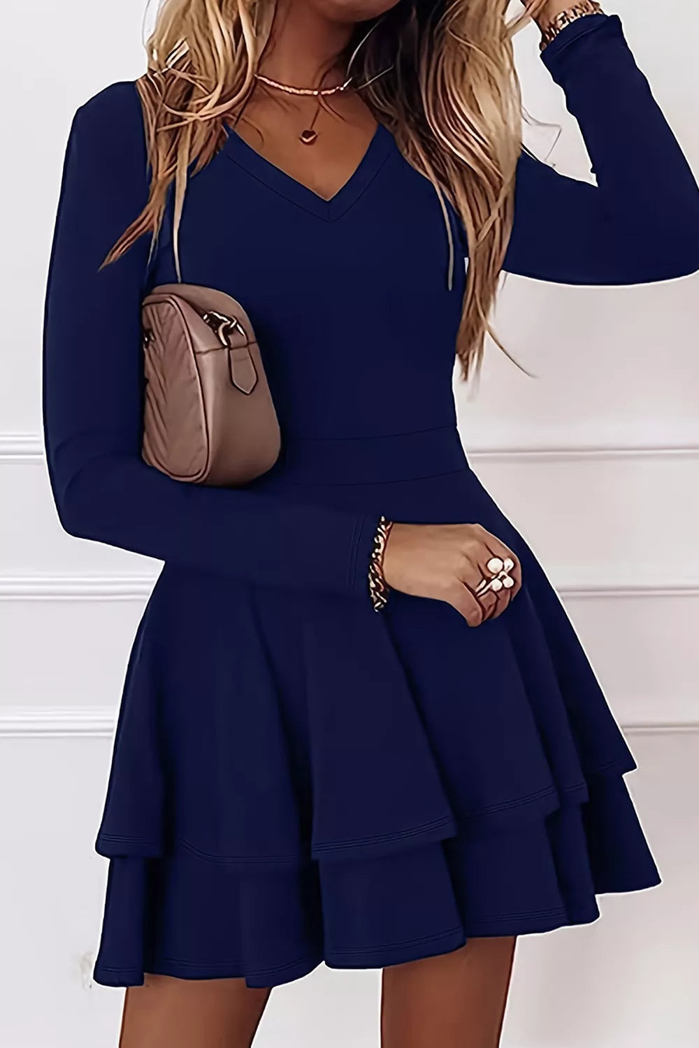 Layered Long Sleeve V-Neck Mini Dress