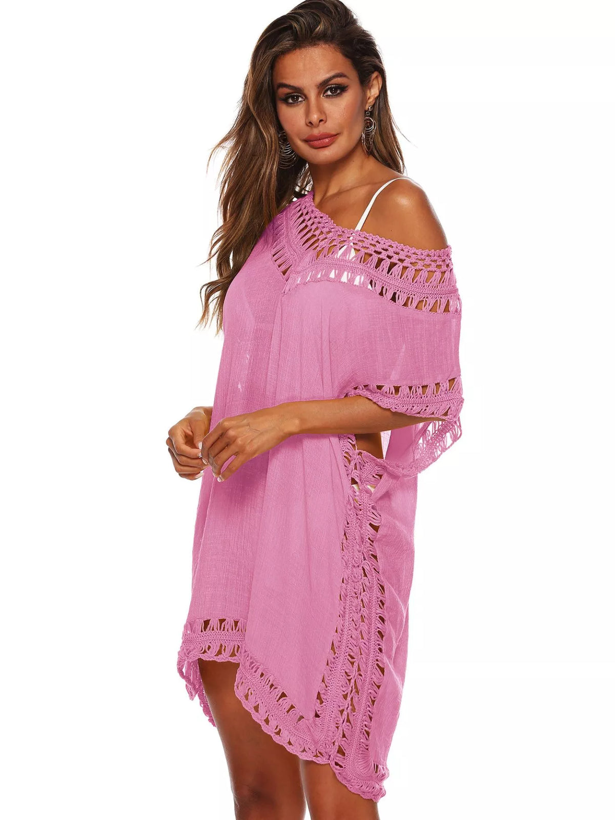 Crochet Trim V-Neck Beach Cover-Up Dress in 9 Colors