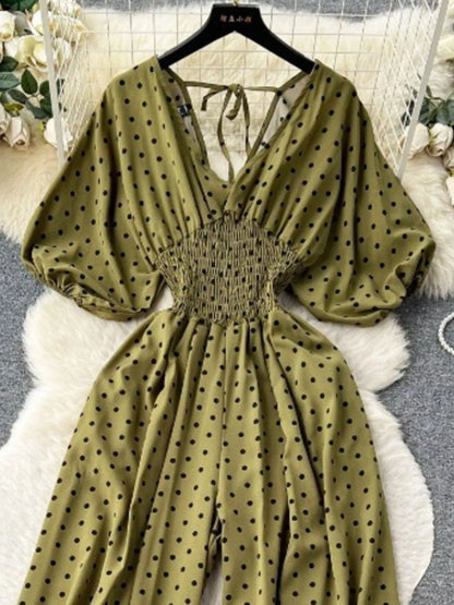 Smocked V-Neck Wide Leg Jumpsuit