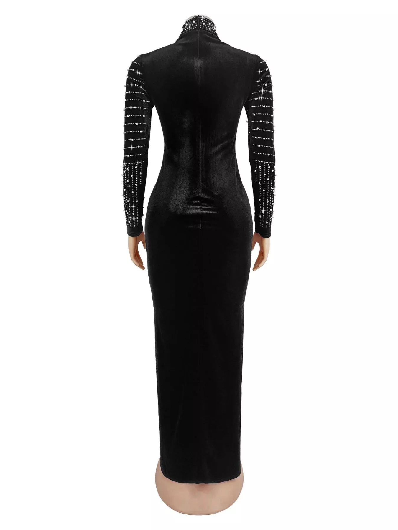 Rhinestone Embellished Mock Neck Long Sleeve Maxi Dress