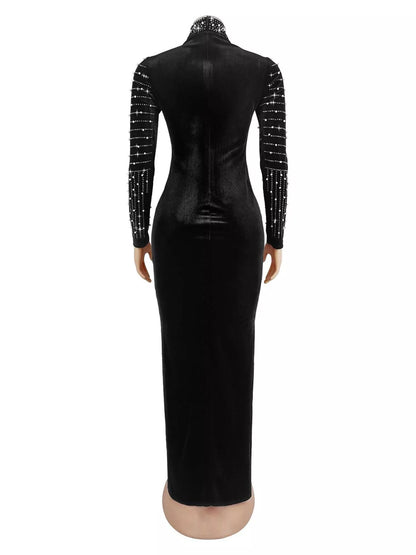 Rhinestone Embellished Mock Neck Long Sleeve Maxi Dress