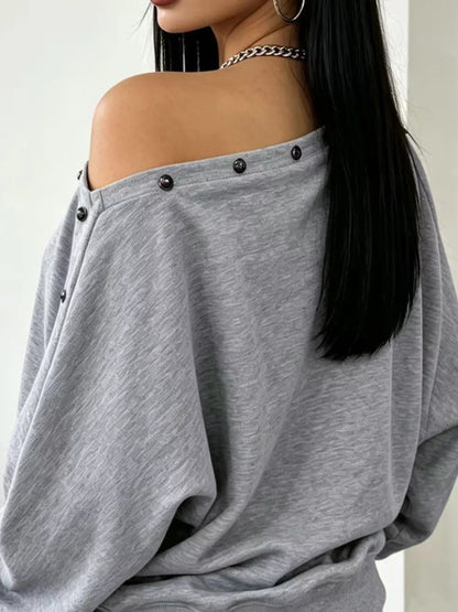 Studded Off Shoulder Long Sleeve T-Shirt