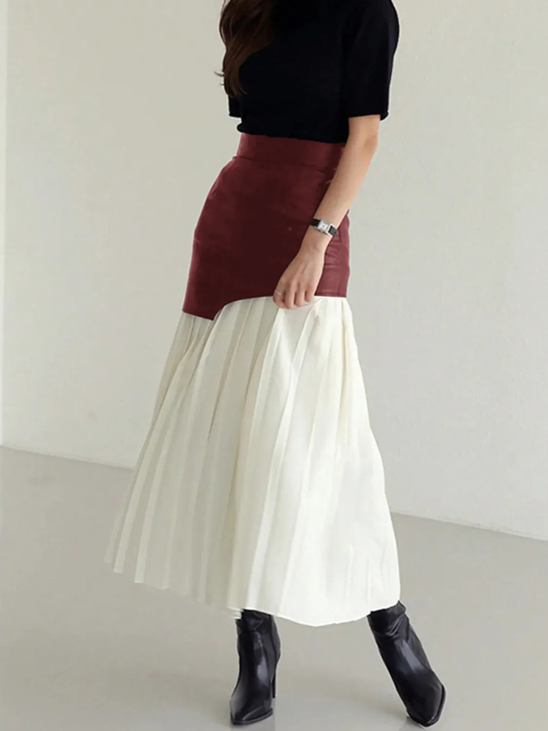 Patchwork Contrast Pleated Skirt