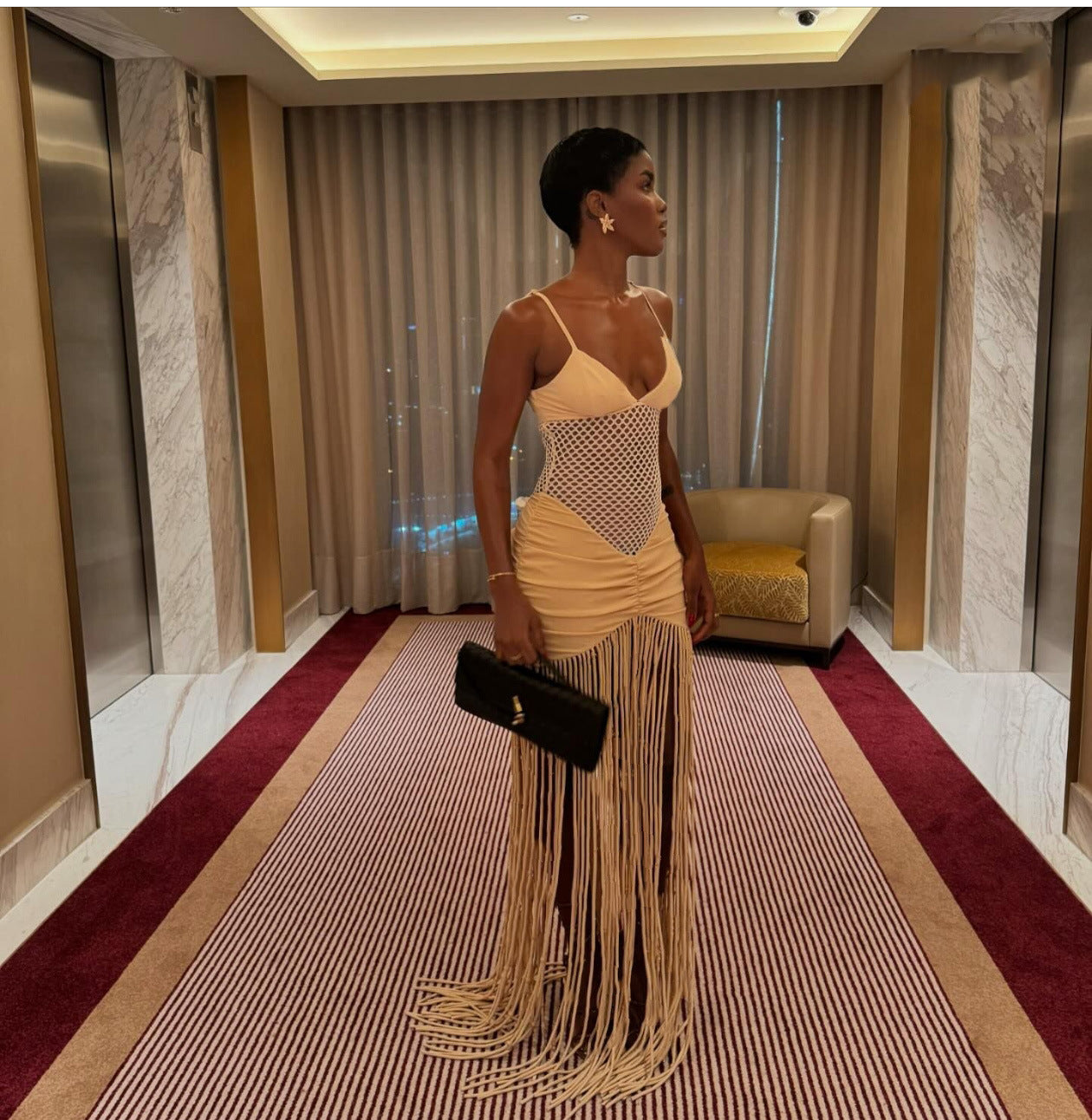 Mesh Pleated Hip Hugging Fringe Dress