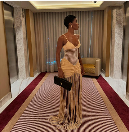 Mesh Pleated Hip Hugging Fringe Dress