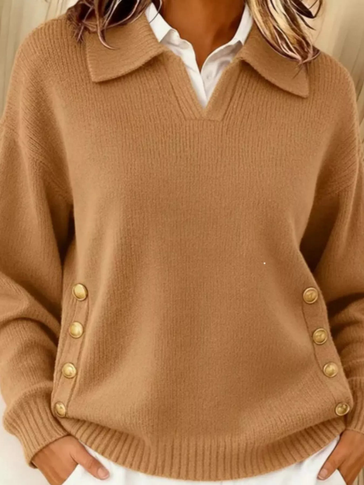 Plus Size Decorative Button Dropped Shoulder Sweater