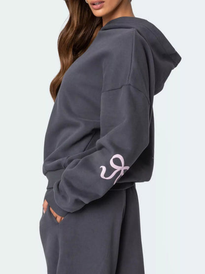 Bow and Heart Dropped Shoulder Hoodie and Pants Set