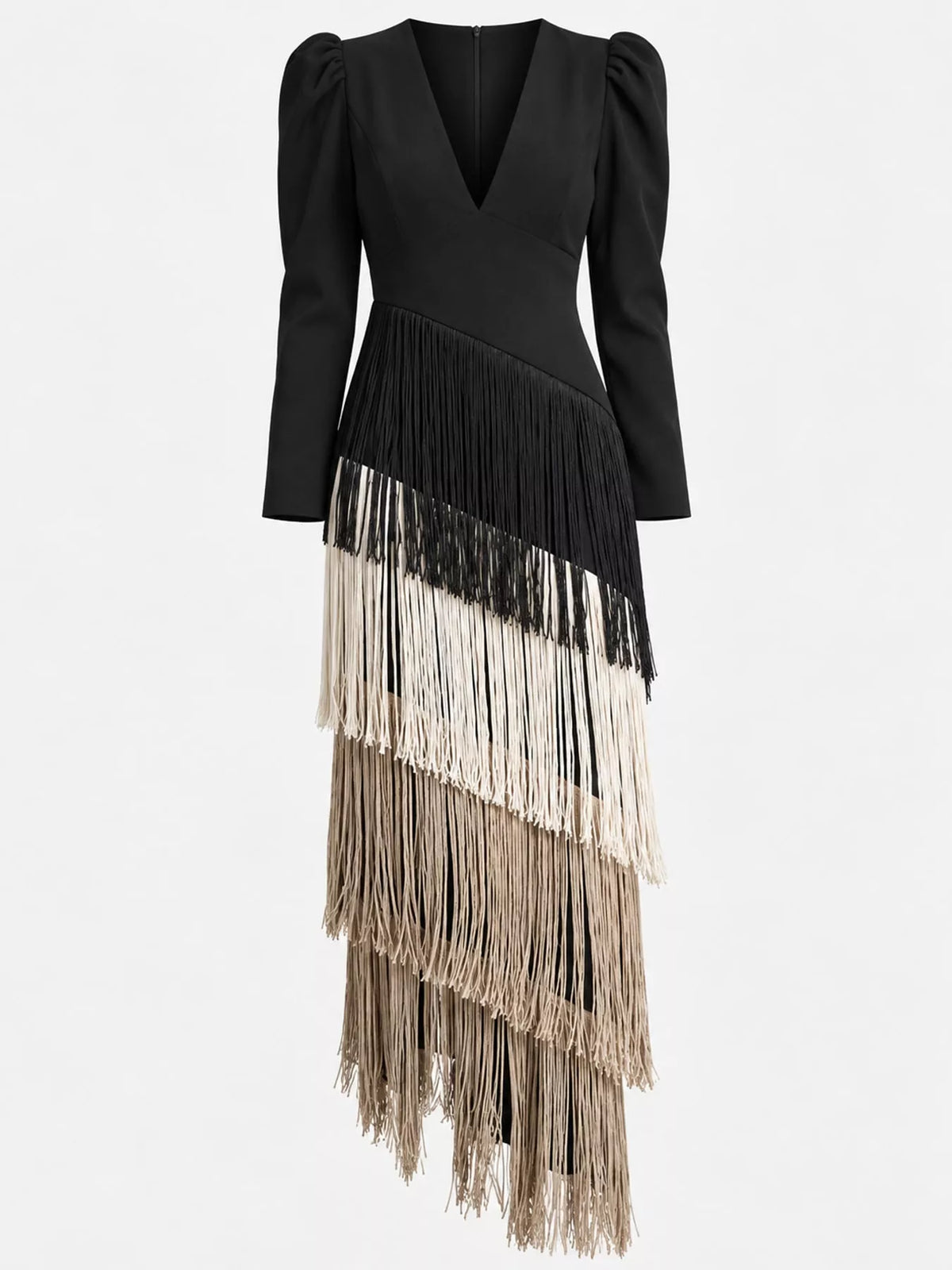 Fringed V-neck puff sleeve dress, view 32