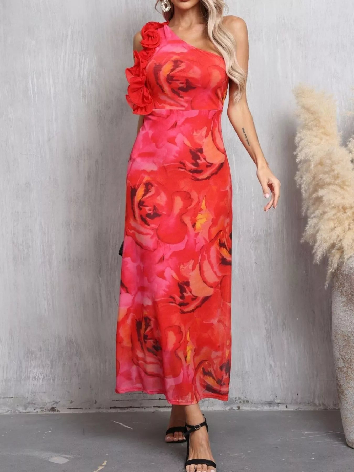 Floral Print One Shoulder Ruffle Trim Dress