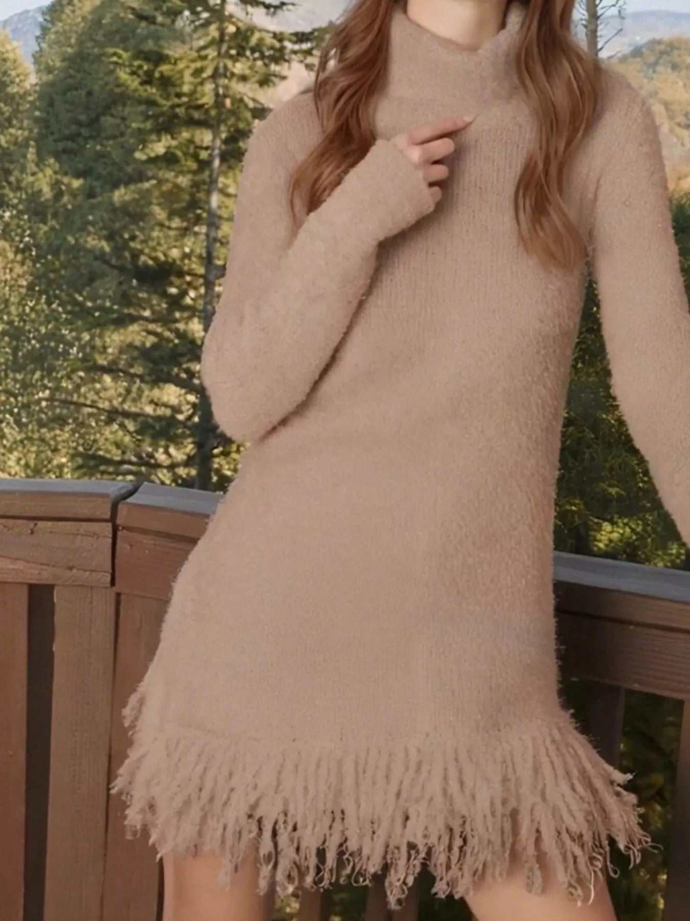 Fringe Turtleneck Sweater Dress