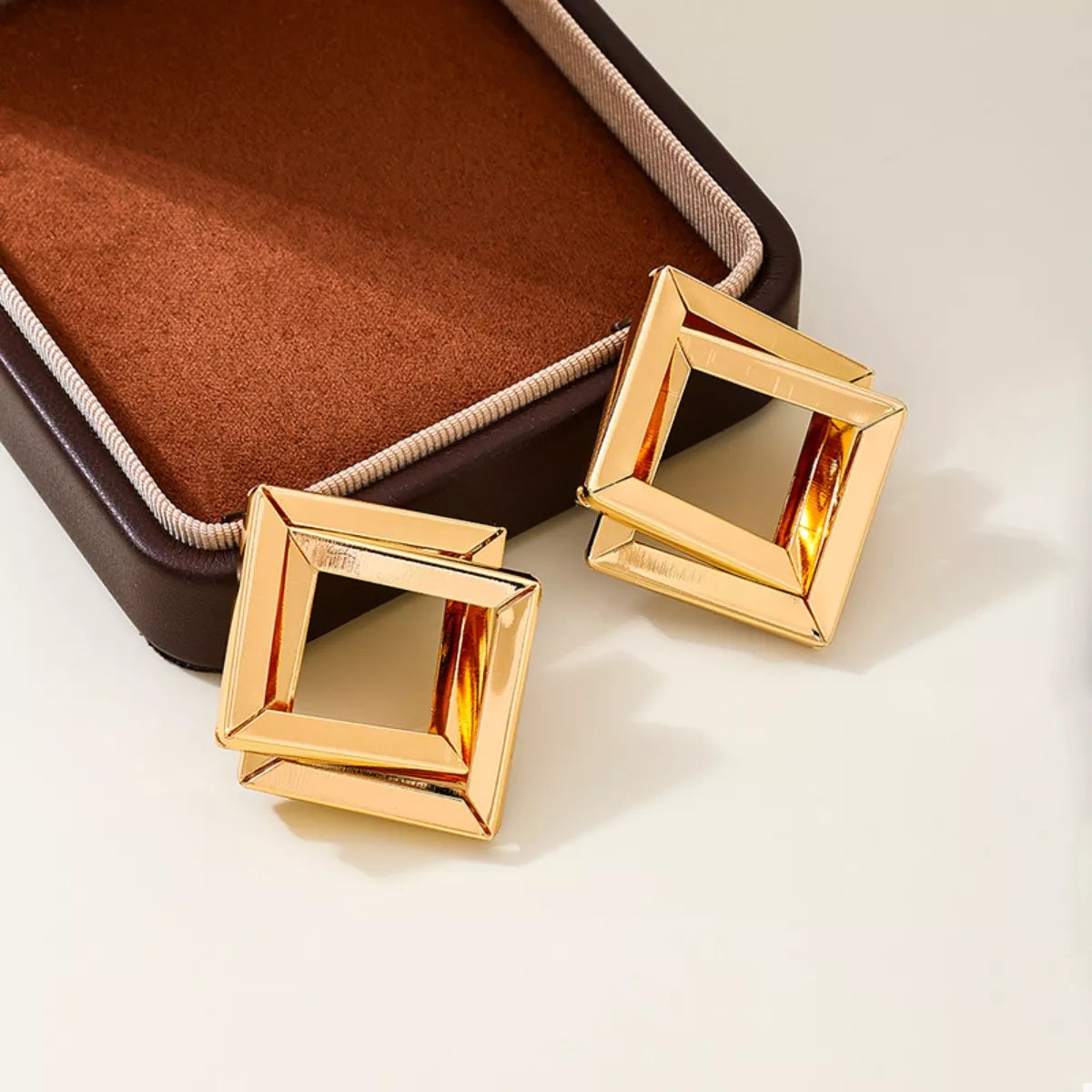 Double square gold stud earrings, view 4
