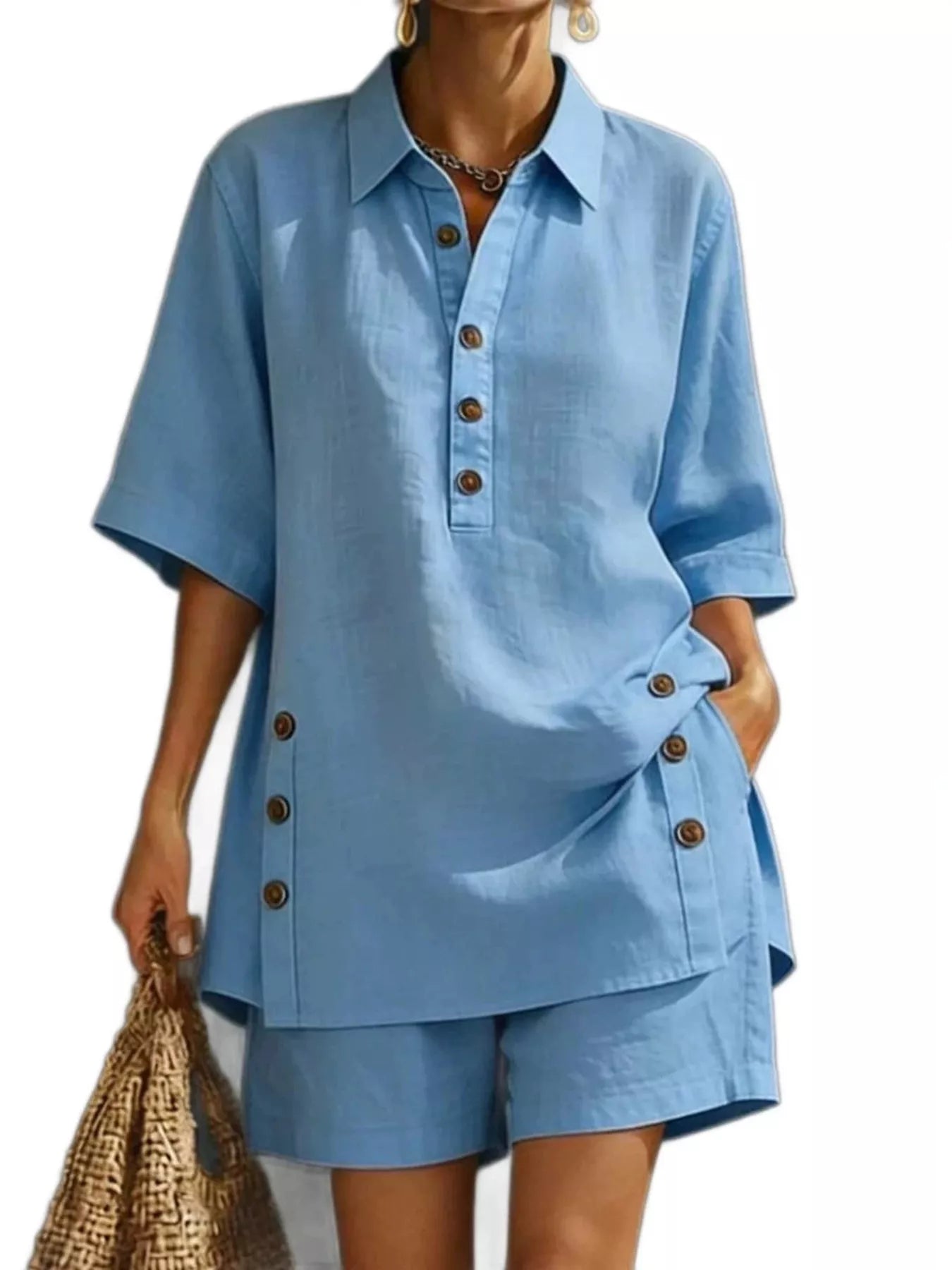 Full Size Casual Linen Button-Down Shirt & Shorts Set Plus Size