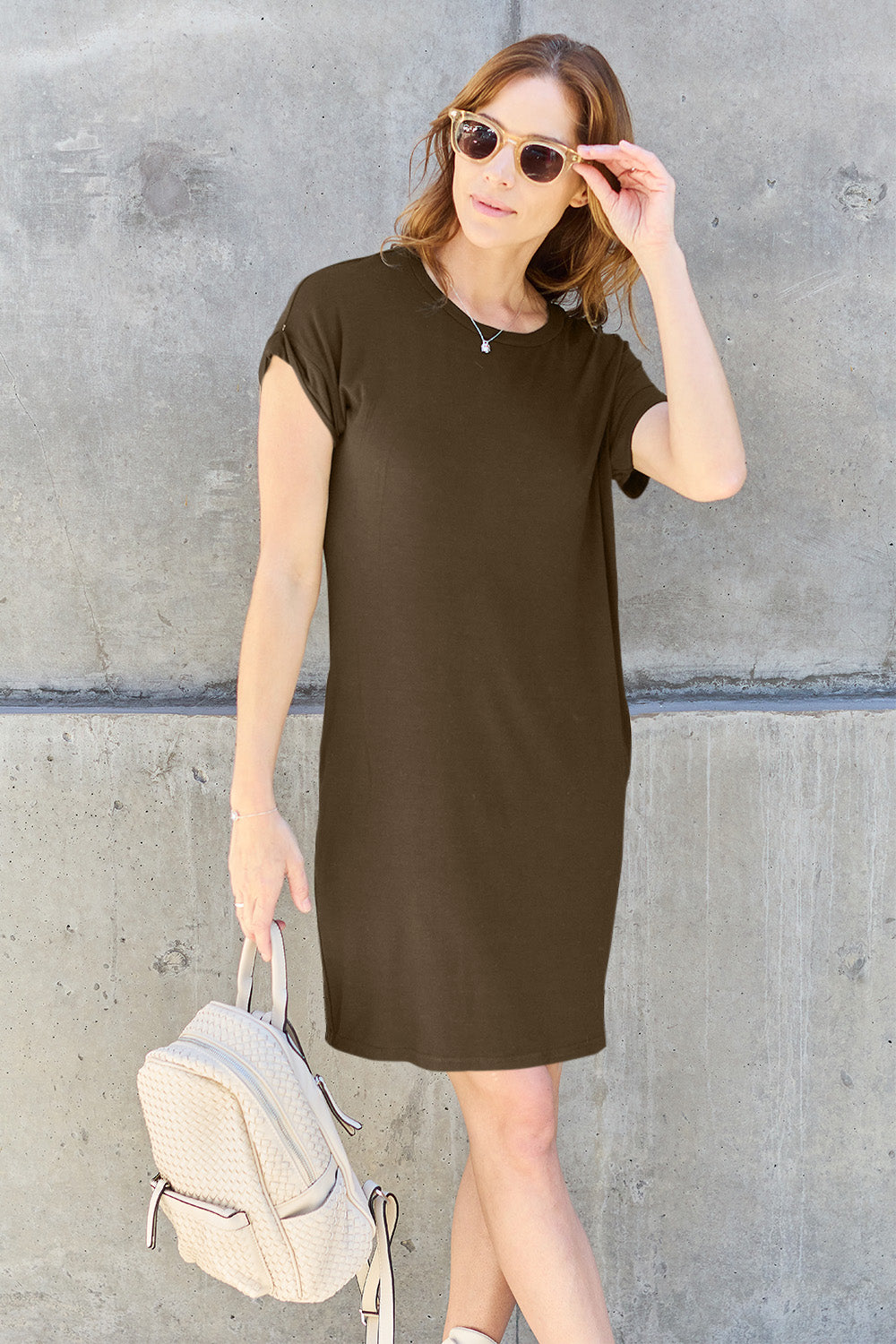 Basic Bae Full Size Round Neck Short Sleeve Dress with Pockets - MONLANE