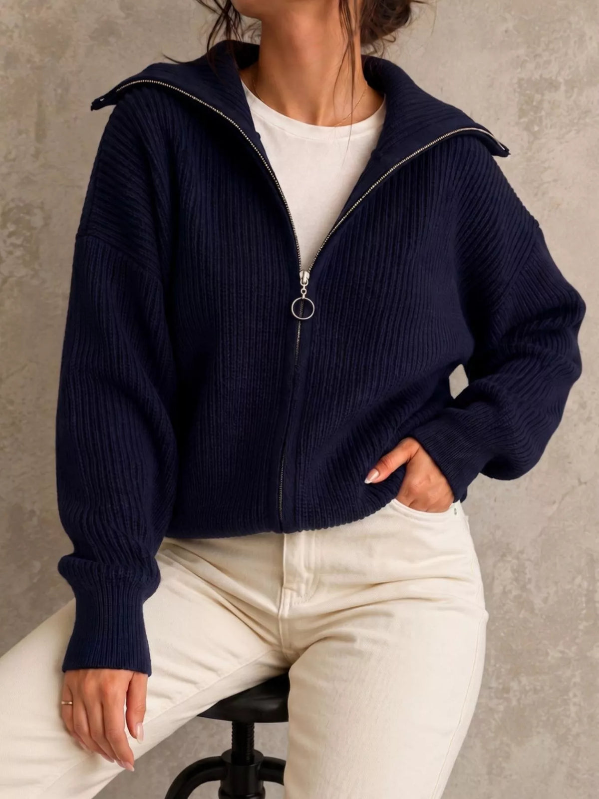 Zip Up Dropped Shoulder Cardigan