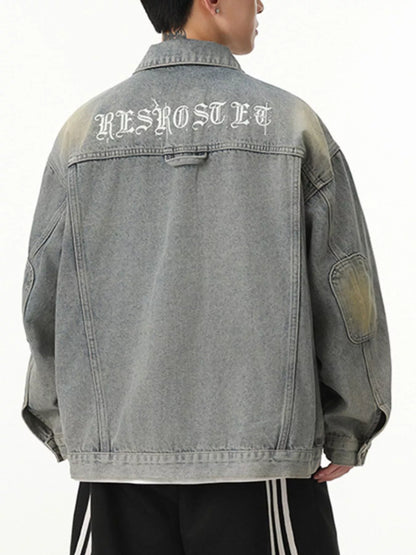 Men's Letter Print Washed Denim Jacket
