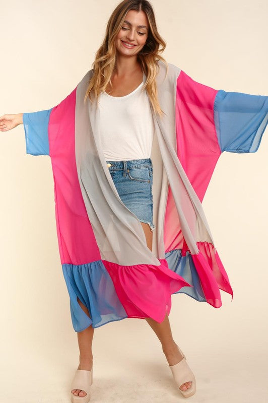 Plus Size Color Block Kimoni Maxi Open Cardigan