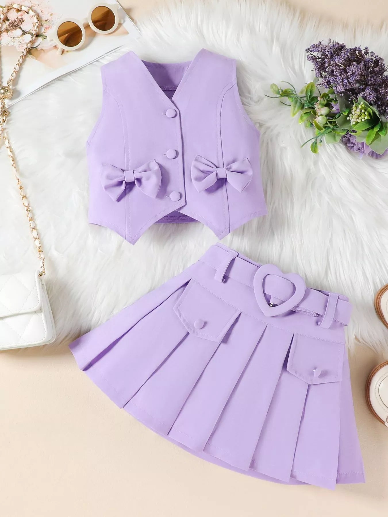 Children's Bowknot Vest & Pleated Skirt Set