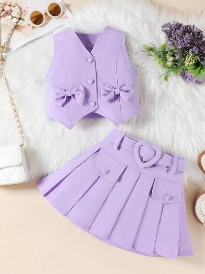 Children's Bowknot Vest & Pleated Skirt Set