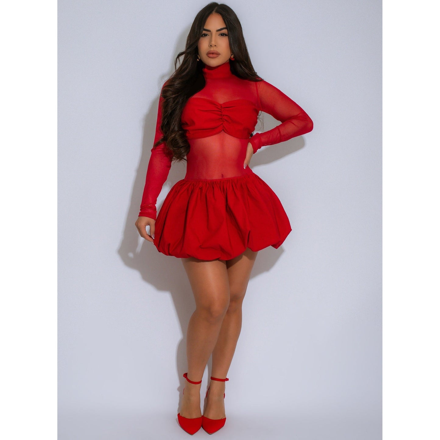 Bubble skirt long sleeved mesh dress