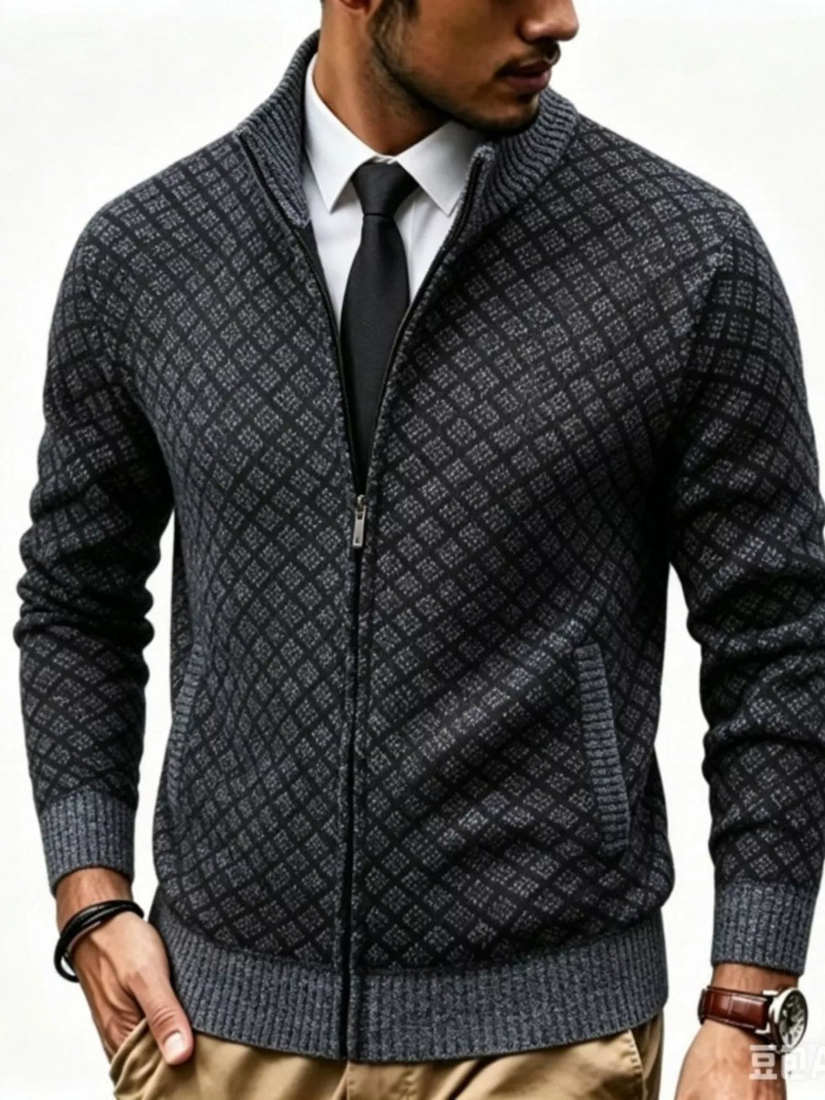 Men's Plus Size Geometric Patterned Full-Zip Cardigan