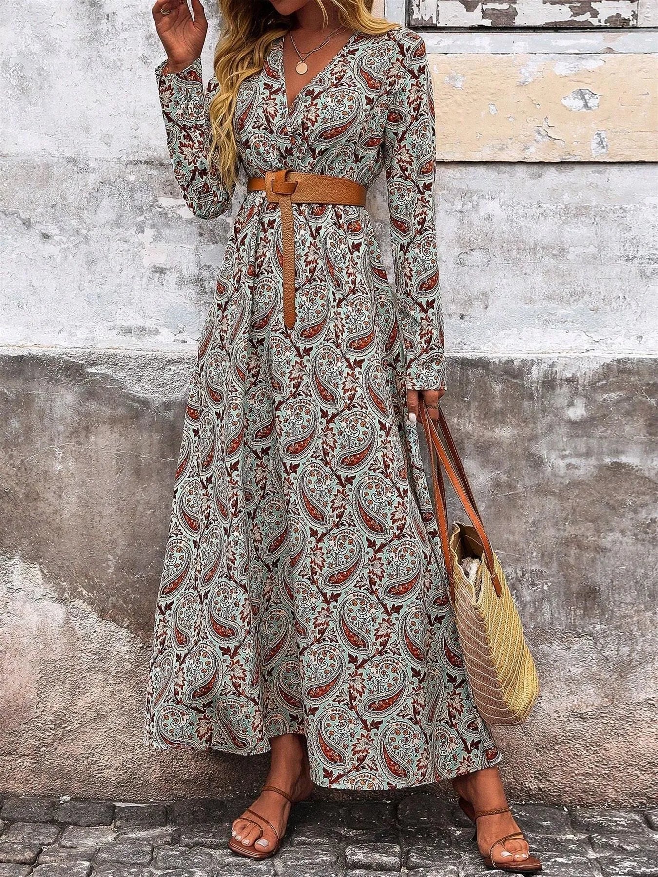 Paisley Print Long Sleeve Maxi Dress