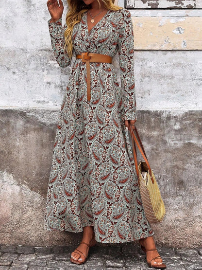 Paisley Print Long Sleeve Maxi Dress