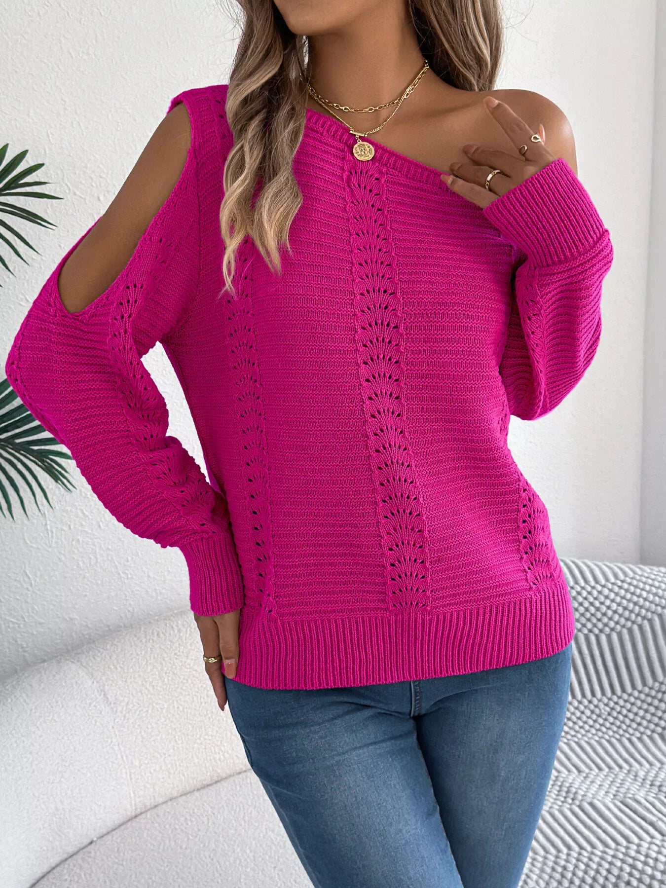 Openwork One Shoulder Sweater