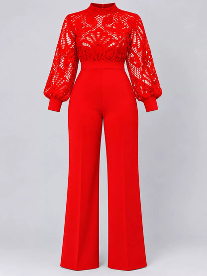 Plus Size Lace Lantern Sleeve Flare Jumpsuit