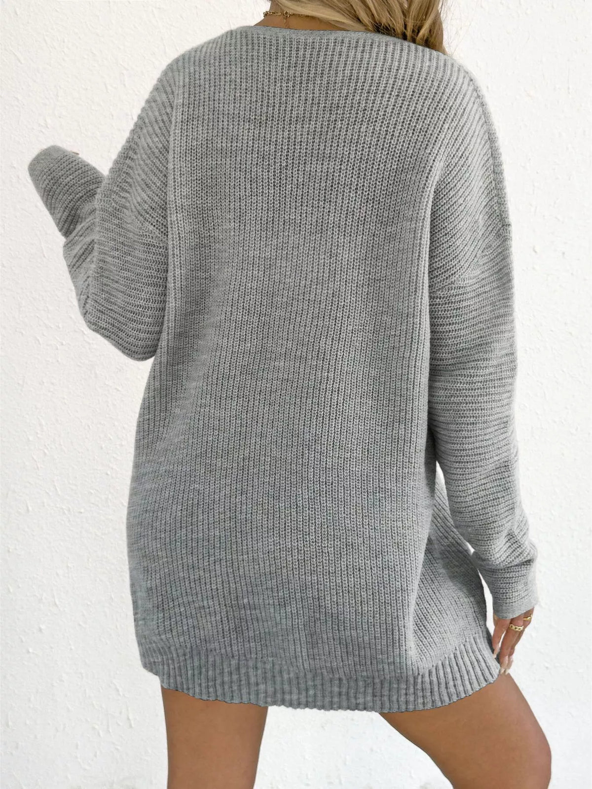 V-Neck Ribbed Knit Sweater Dress