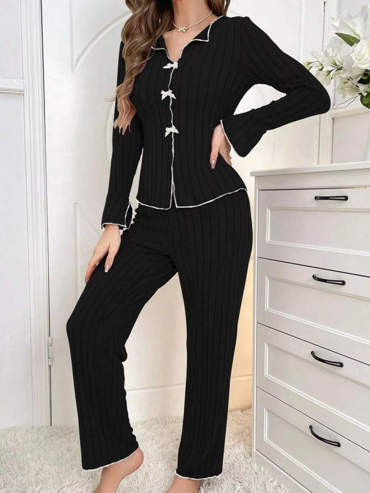 Contrast Bow Detail Top and Pants Lounge Set