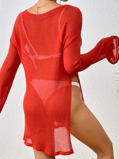 Round Neck Slit Beach Cover-Up, One Size in 6 Colors