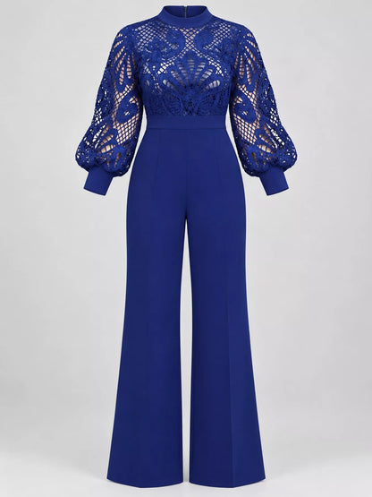 Plus Size Lace Lantern Sleeve Flare Jumpsuit
