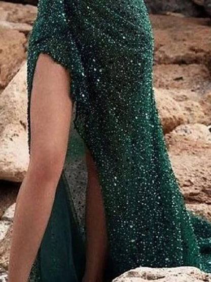 Sequin one-shoulder high-slit dress, view 2
