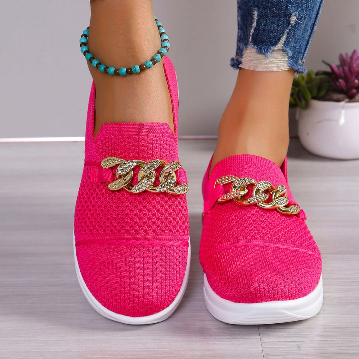 Chain Detail Round Toe Slip-Ons