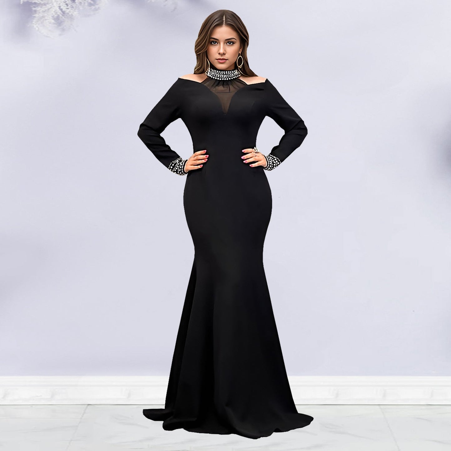 Solid color dress with wrapped arms and rhinestones