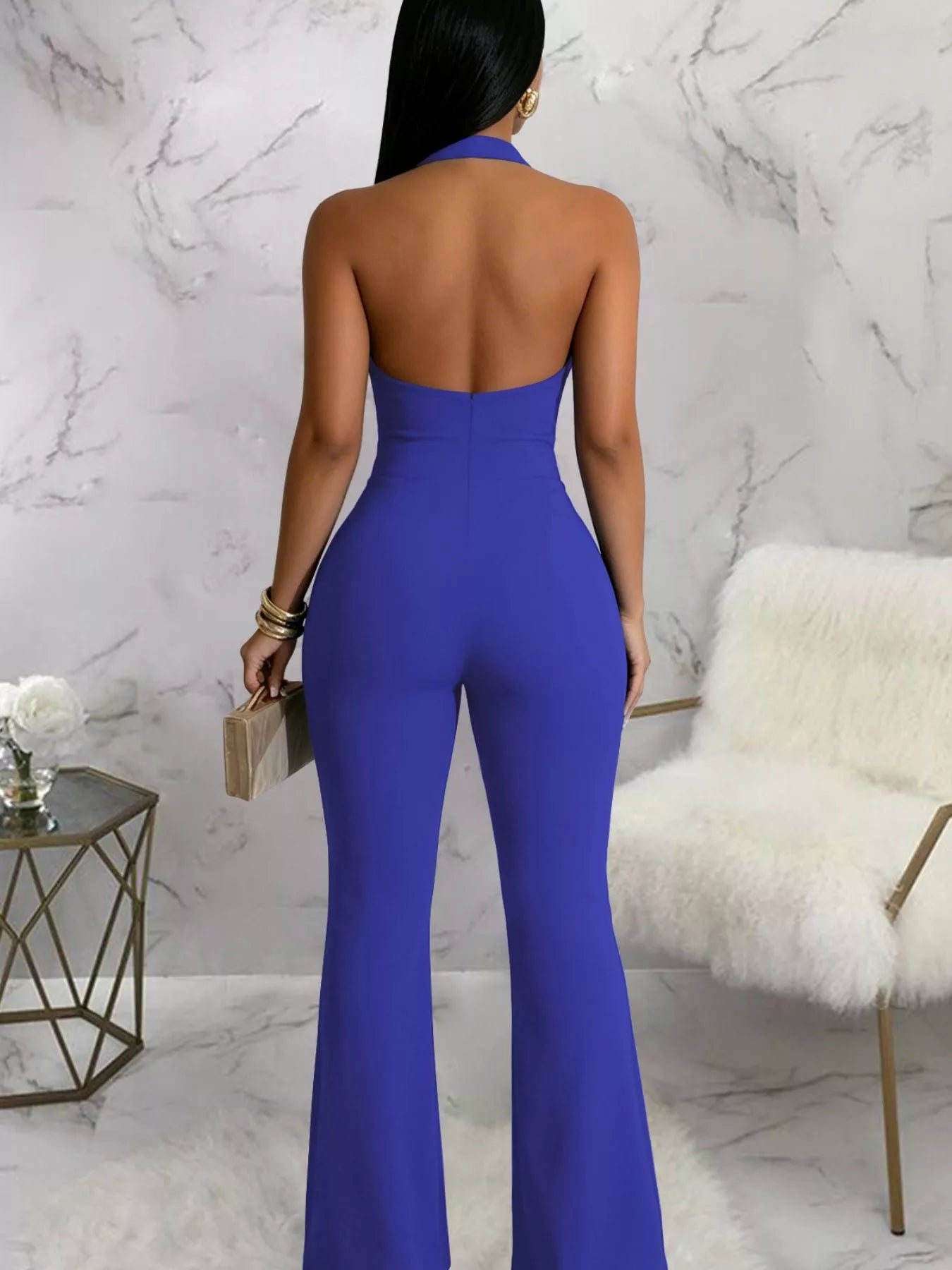 Halter Neck Cut-Out Flare Jumpsuit with Button Detail