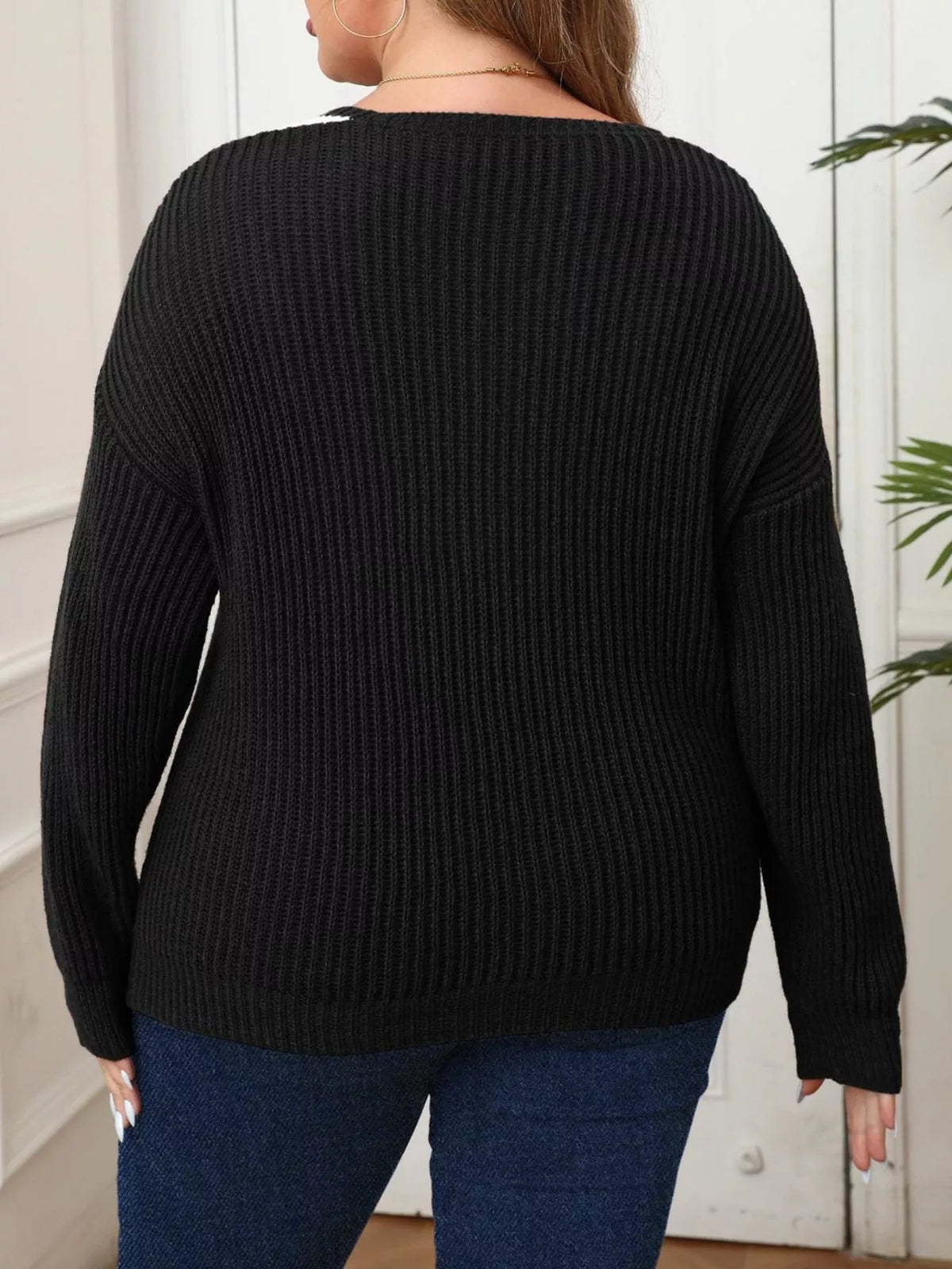 Plus Size Contrast Trim Button-Decorated Sweater
