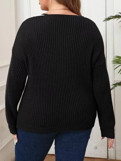 Plus Size Contrast Trim Button-Decorated Sweater