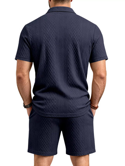 Men's Full Size Textured Short Sleeve Polo and Shorts Set Plus Size