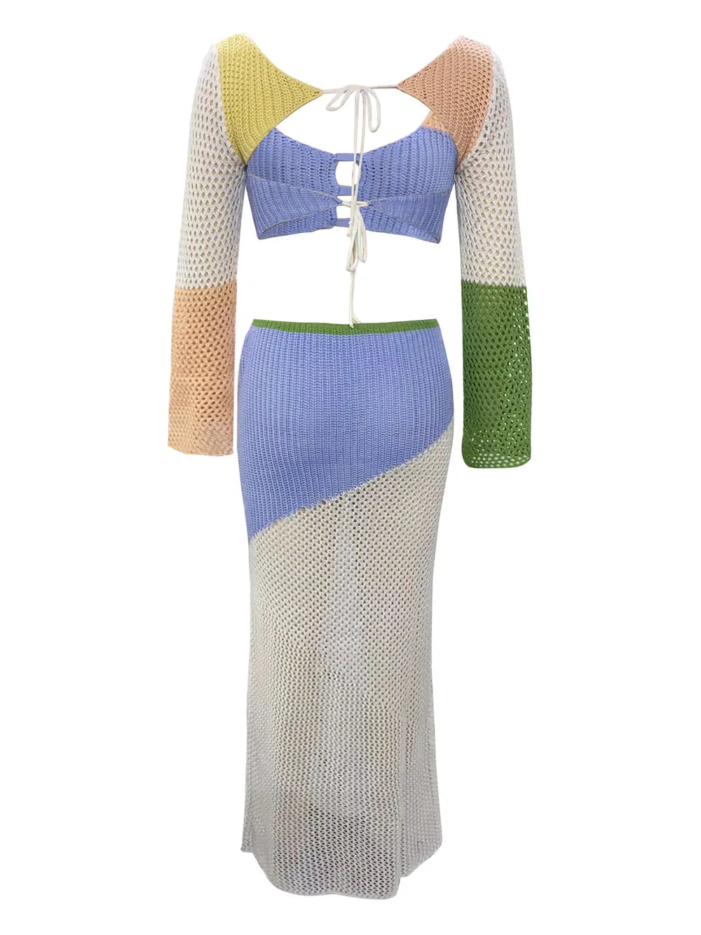 Tied Long Sleeve Top and Skirt Beach Cover-Up Set