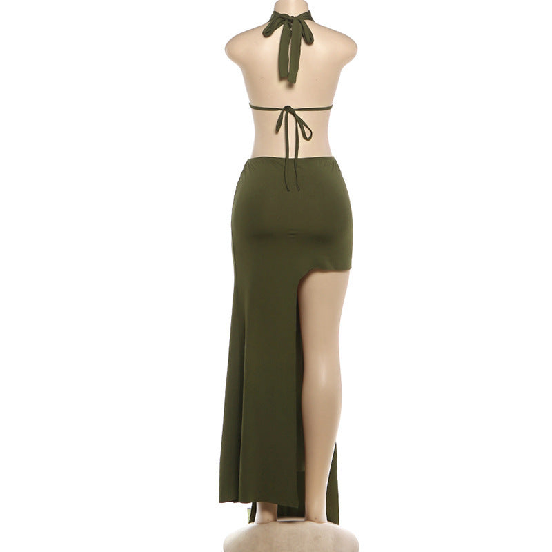 Hanging neck tie solid color exposed backpack hip dress