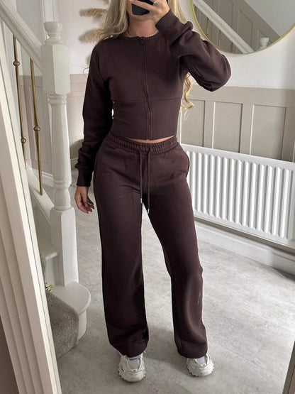 Zip-Up Crop Hoodie and High-Waisted Pants Set