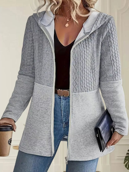 Cable knit hooded zip-up jacket, S to 5XL