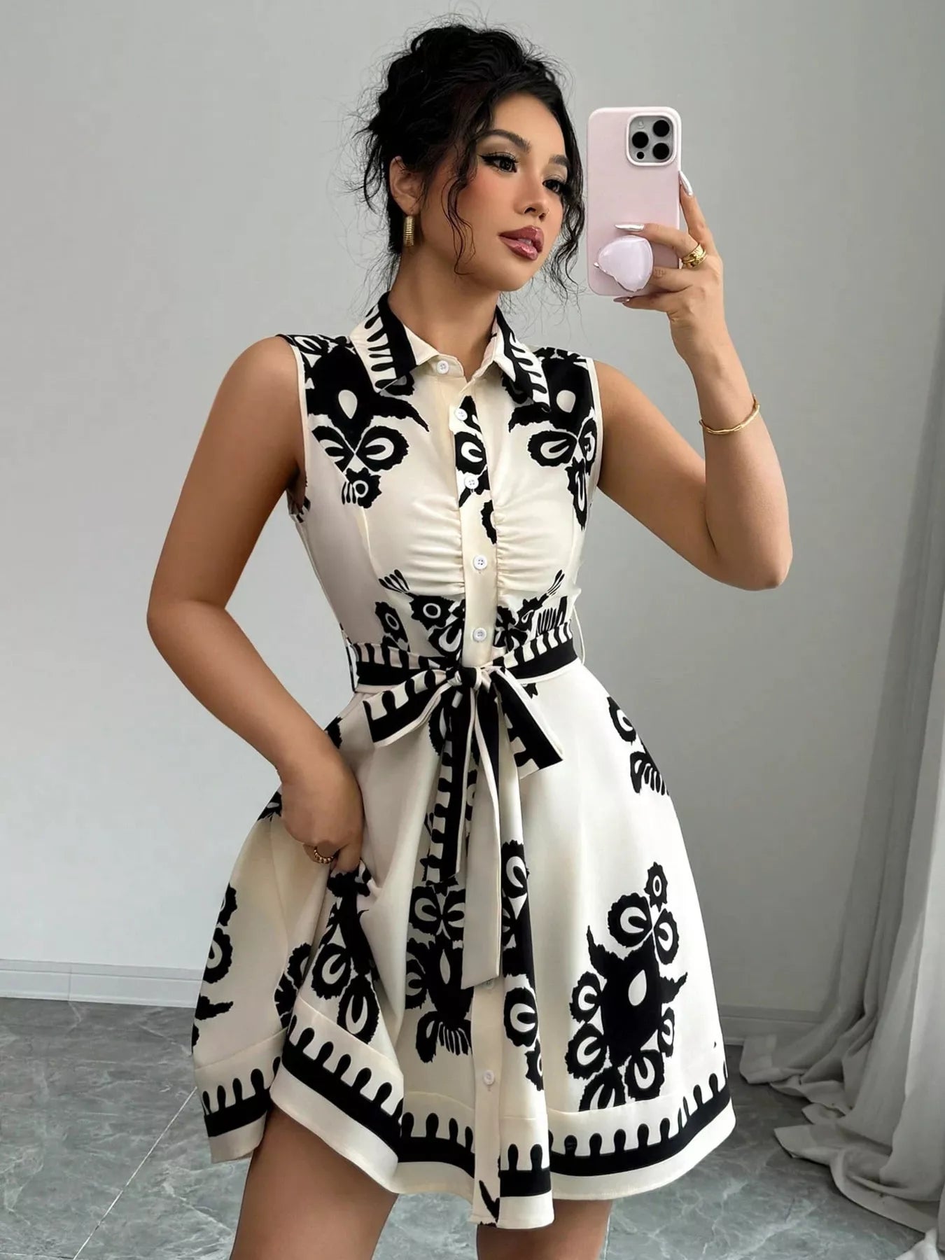 Sleeveless Ruched Printed Tie Waist Dress