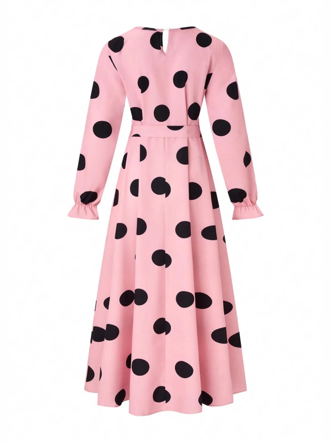 Polka Dot Tie Waist Flounce Sleeve Dress
